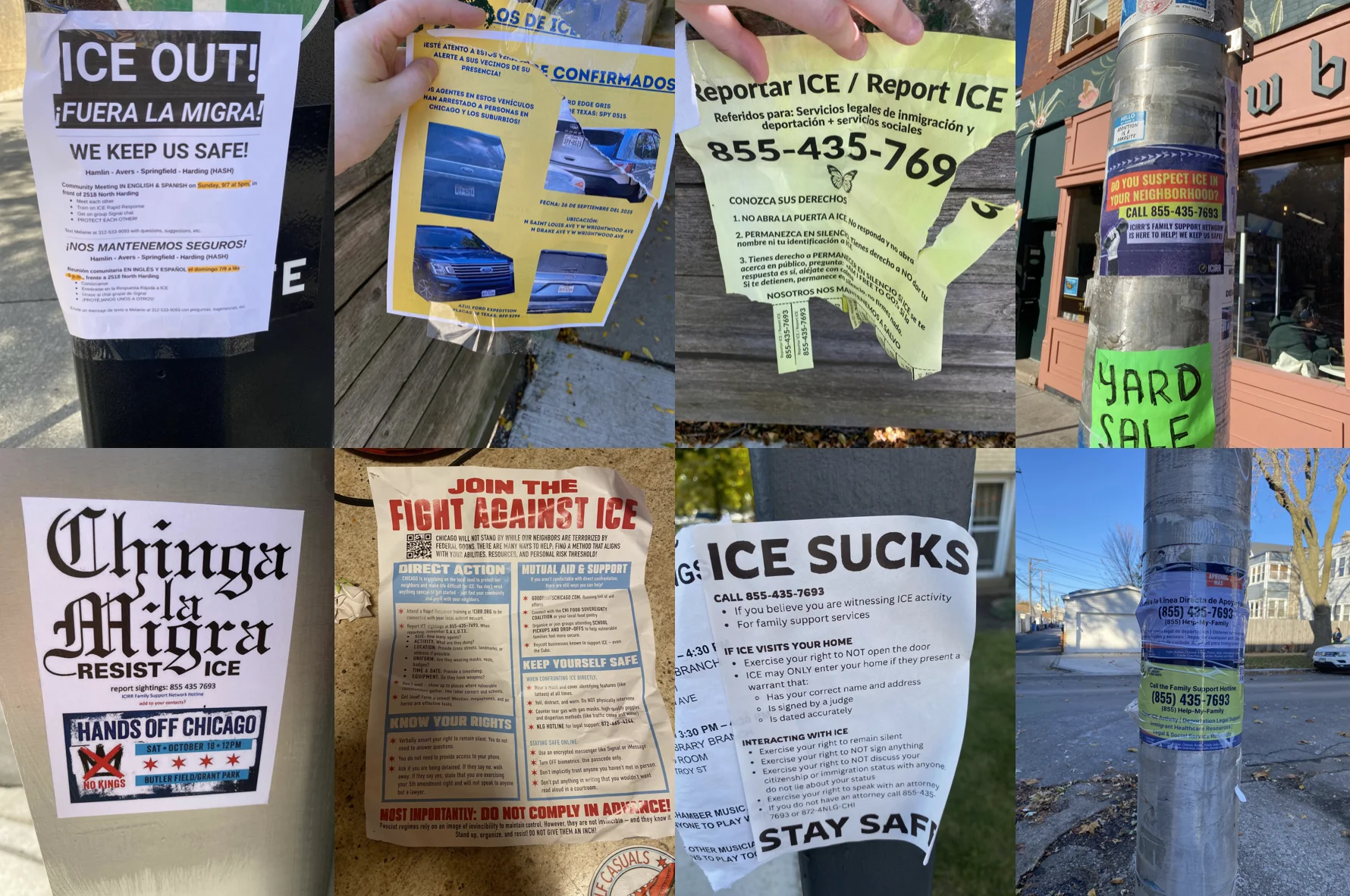Anti-ICE posters Vogler removed in her neighborhood, showing slogans urging people to report ICE, skip school to protest, and promote leftist-organized resistance across Chicago streets. Anti-ICE posters Vogler removed in her neighborhood, showing slogans urging people to report ICE, skip school to protest, and promote leftist-organized resistance across Chicago streets.