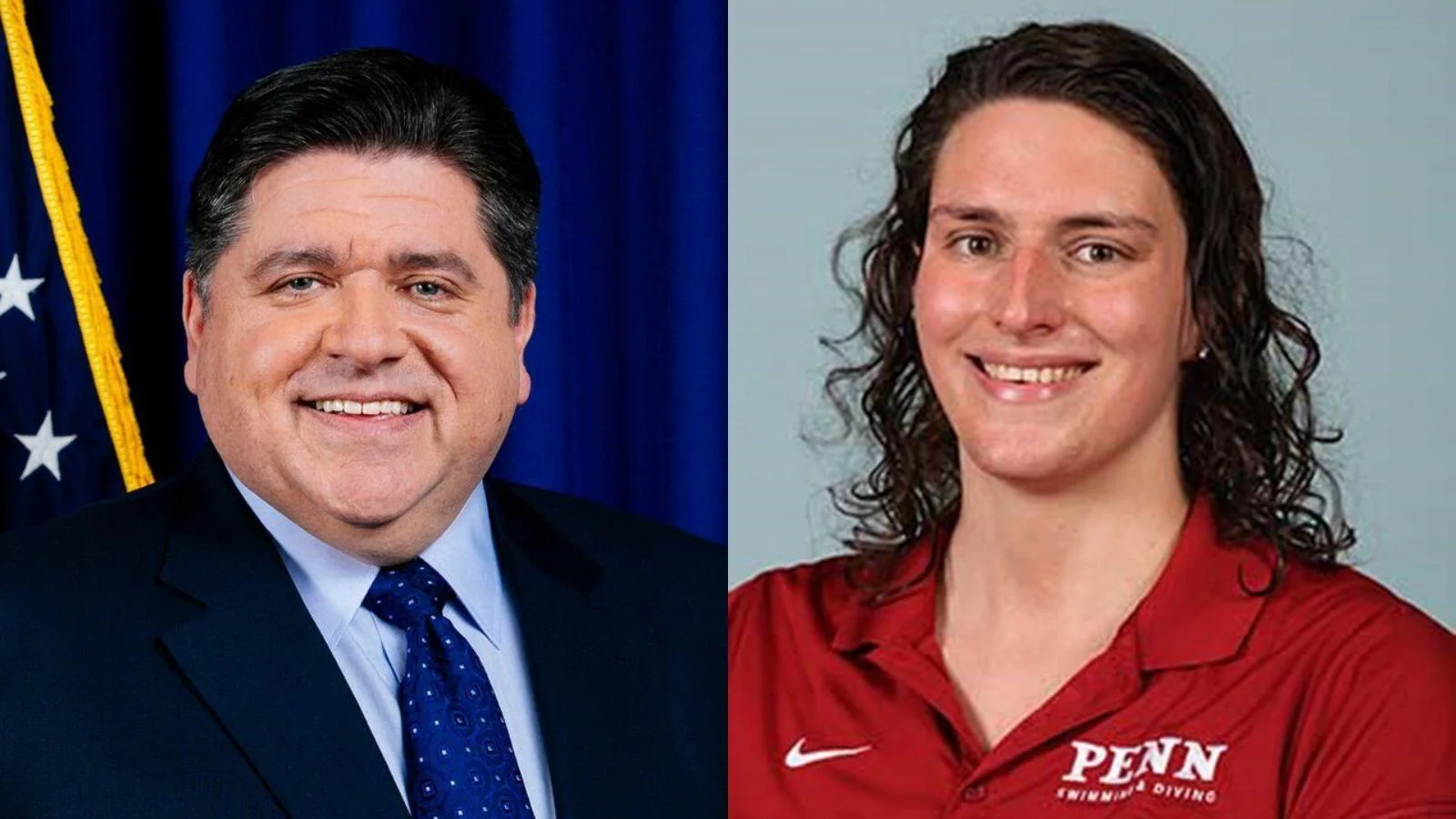 Illinois Gov. Jay Robert Pritzker, left, and University of Pennsylvania male swimmer Will "Lia" Thomas