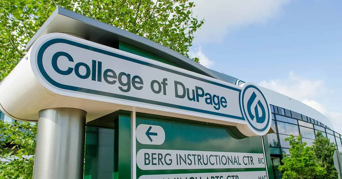 The College of DuPage sign in Glen Ellyn where critics say faculty activism and policies on undocumented students have sparked controversy.