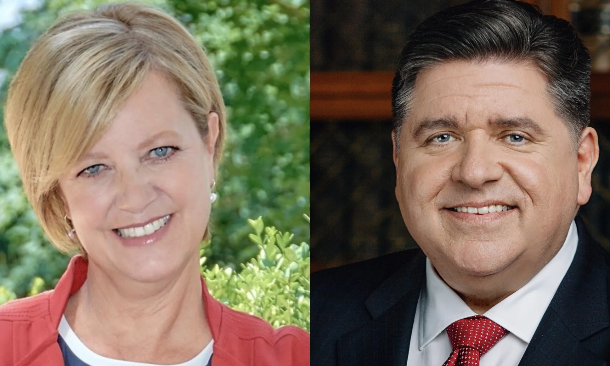 Jeanne Ives (left) has filed a federal lawsuit naming Gov. JB Pritzker (right) challenging Illinois legislative maps as unconstitutional racial gerrymandering.