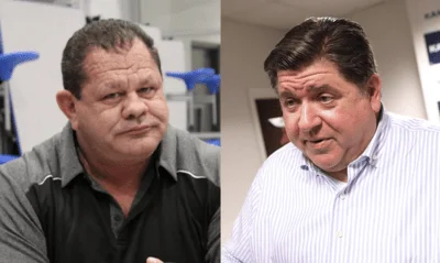 Republican Committeeman Michael J. Scornavacco (left) has blamed Gov. J.B. Pritzker (right) and other Democrats for engaging rhetoric fueling leftist political violence. 