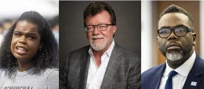 Former Cook County State's Attorney Kim Foxx (L) and Chicago Mayor Brandon Johnson (R) were financially backed by GOP gubernatorial hopeful Rick Heidner.