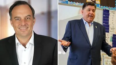 Dan Proft, left, and Gov. J.B. Pritzker (D-Ill.)